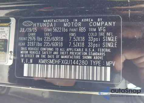 2016 Hyundai Santa Fe Se из США, поврежденный, VIN KM8SMDHFXGU144280